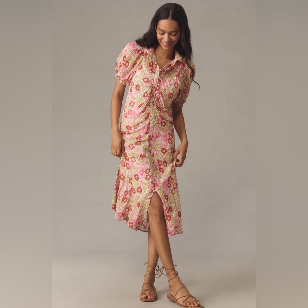 Anthropologie Pink Floral Midi Dress
